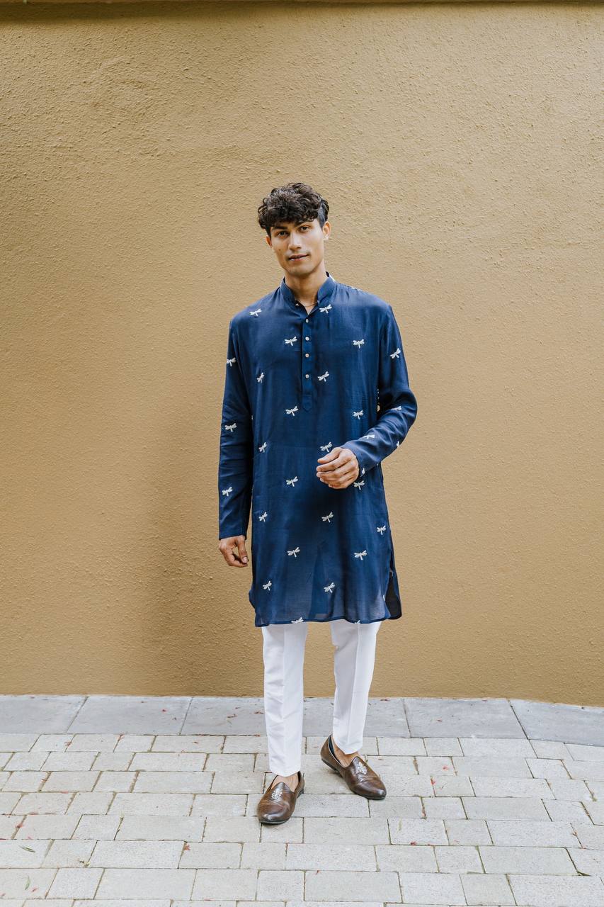 TRENDY NAVY BLUE DRAGON  FLY EMBROIDERY WORK KURTA WITH PAJAMA SET FOR MEN