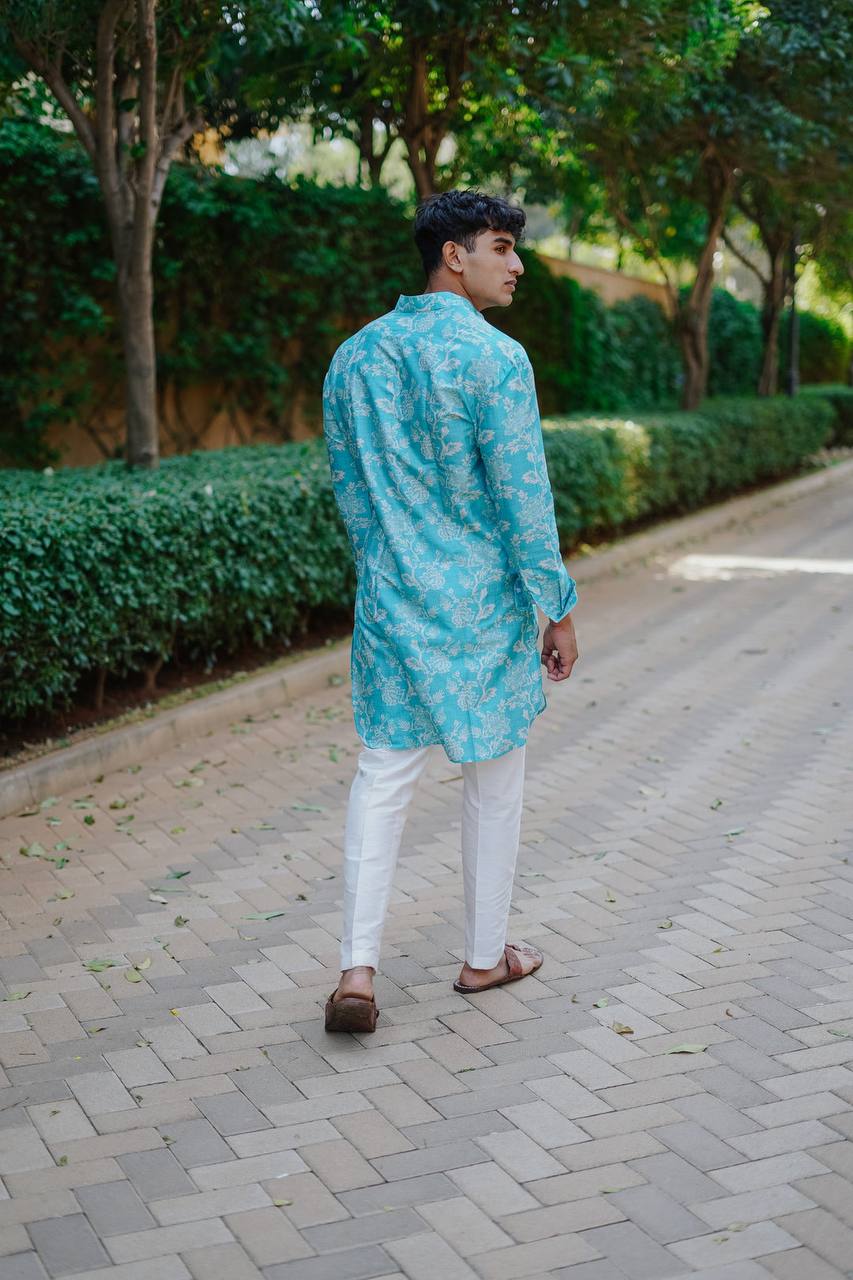 TRENDY MINT GREEN  PRINTED KURTA WITH PAJAMA SET FOR MEN