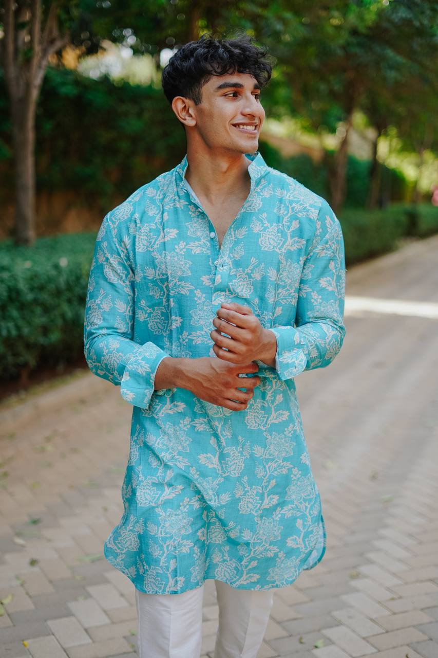 TRENDY MINT GREEN  PRINTED KURTA WITH PAJAMA SET FOR MEN