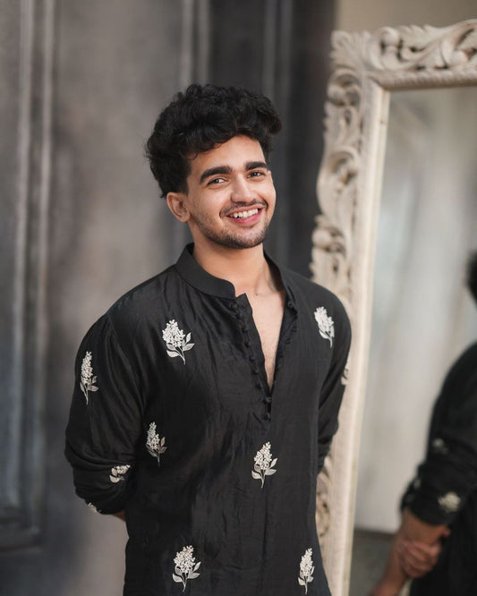 TRENDY  BLACK FLORAL EMBROIDERED PARIJAAT KURTA WITH PAJAMA SET FOR MEN
