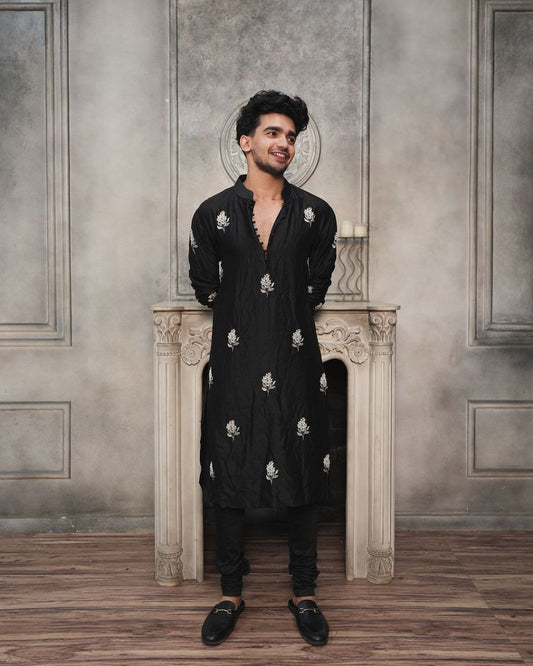 TRENDY  BLACK FLORAL EMBROIDERED PARIJAAT KURTA WITH PAJAMA SET FOR MEN
