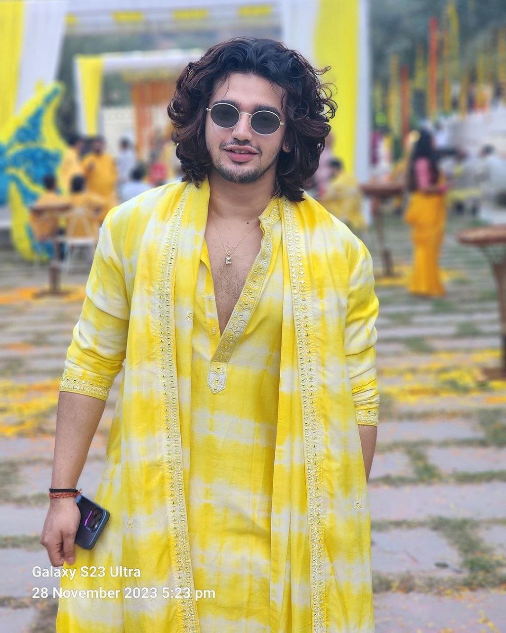 TRENDY YELLOW & WHITE PRINTED WORK KURTA, PAJAMA AND DUPATTA SET FOR MEN'S