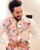 TRENDY OFF WHITE MODEL SATIN PRINTED BOTANICAL BUNDI KURTA SET