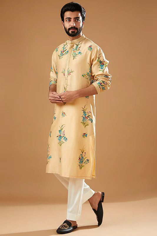 TRENDY BEIGE CHANDERI HANDLOOM  PRINTED KURTA WITH PAJAMA SET FOR MEN'S