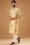 TRENDY BEIGE CHANDERI HANDLOOM  PRINTED KURTA WITH PAJAMA SET FOR MEN'S