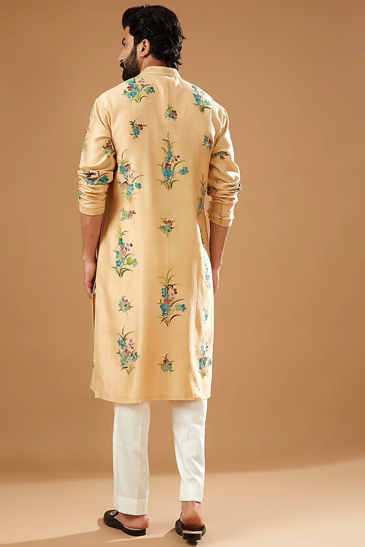 TRENDY BEIGE CHANDERI HANDLOOM  PRINTED KURTA WITH PAJAMA SET FOR MEN'S