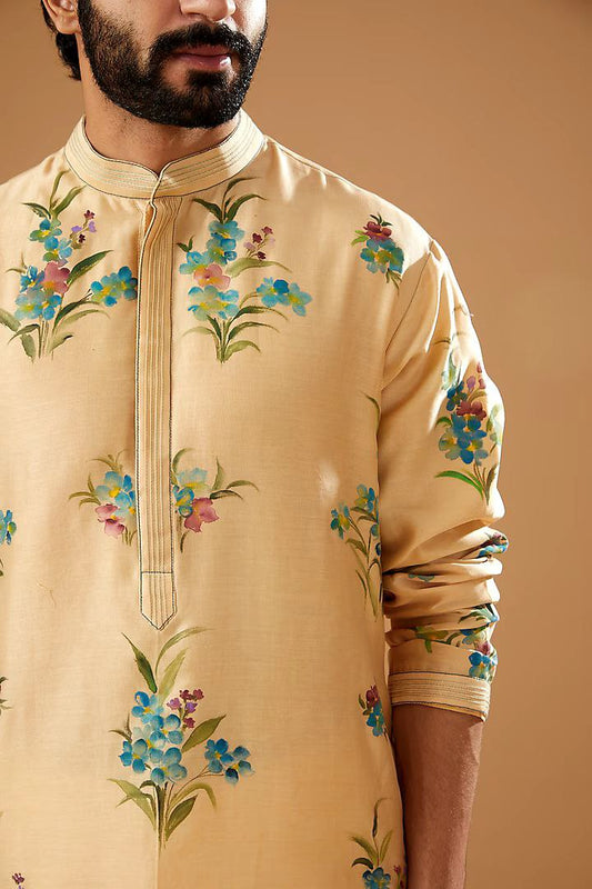 TRENDY BEIGE CHANDERI HANDLOOM  PRINTED KURTA WITH PAJAMA SET FOR MEN'S