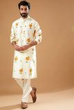 TRENDY IVORY CHANDERI HANDLOOM PRINTED KURTA PAJAMA SET FOR MEN'S