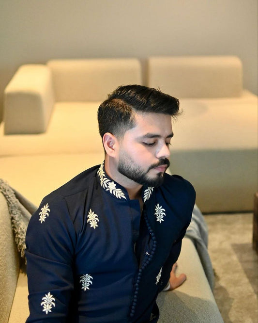 TRENDY OXFORD BLUE RAW SILK WHITE THREAD EMBROIDERED KURTA WITH PAJAMA FOR MENS