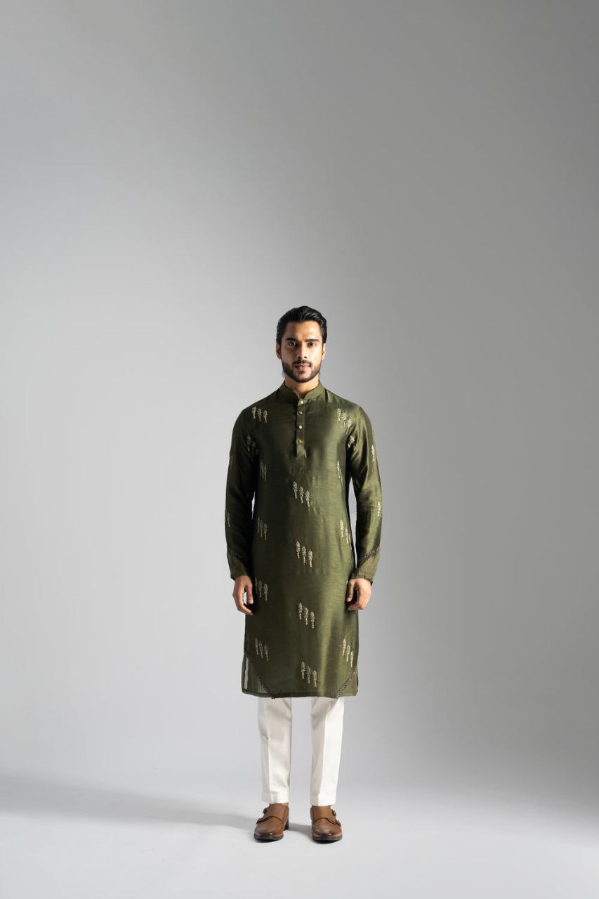 TRENDY OLIVE GREEN LINEN SATIN CUTDANA & FLORAL EMBROIDERED KURTA PAJAMA SET FOR MEN'S