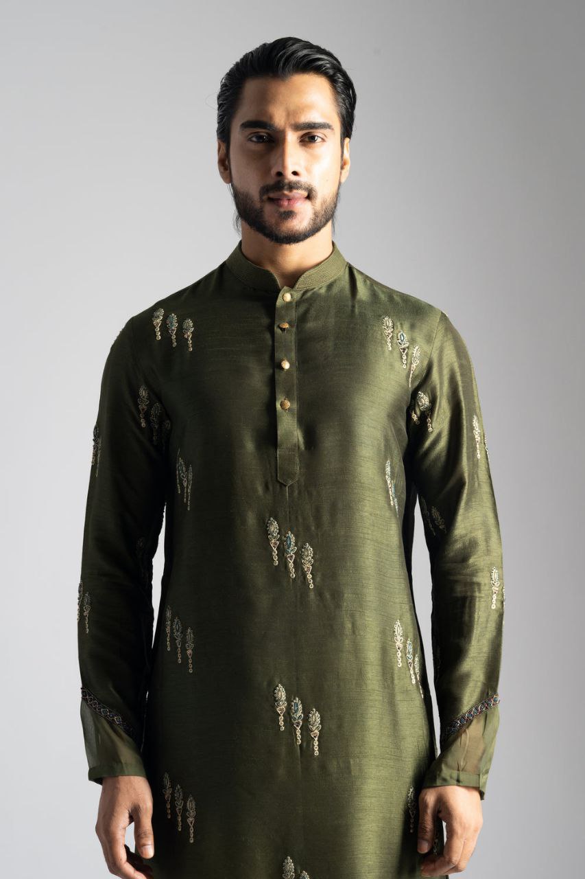 TRENDY OLIVE GREEN LINEN SATIN CUTDANA & FLORAL EMBROIDERED KURTA PAJAMA SET FOR MEN'S