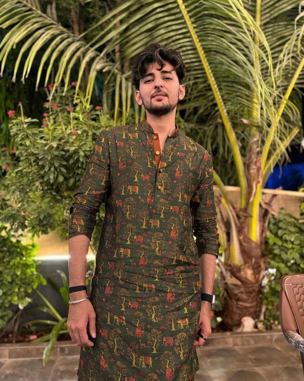OLIVE GREEN  PRINTED KURTA PAJAMA SET