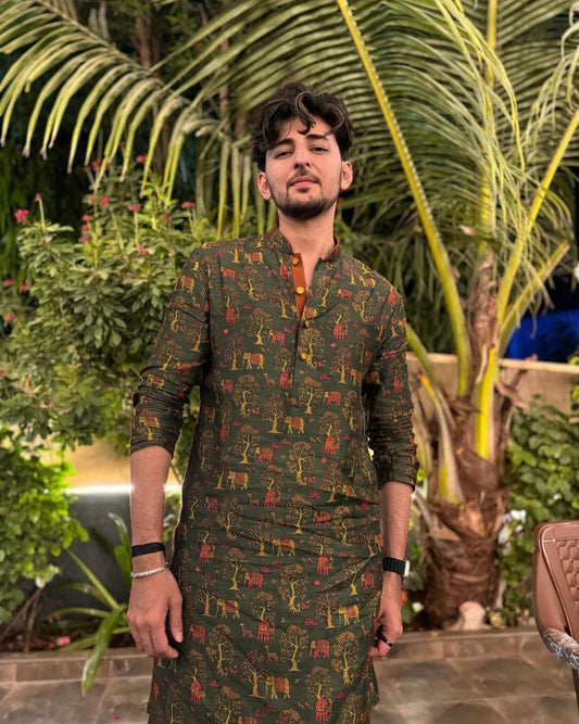 OLIVE GREEN  PRINTED KURTA PAJAMA SET
