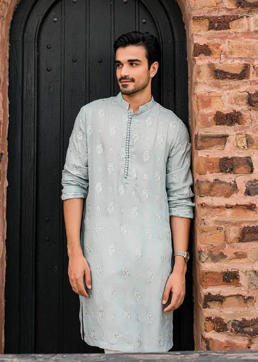 POWDER BLUE EMBRODARY WORK KURTA WITH PAJAMA SET