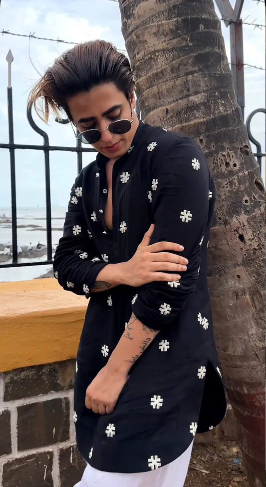 BLACK ### SEQUENCE WORK EMBROIDERED KURTA WITH PAJAMA