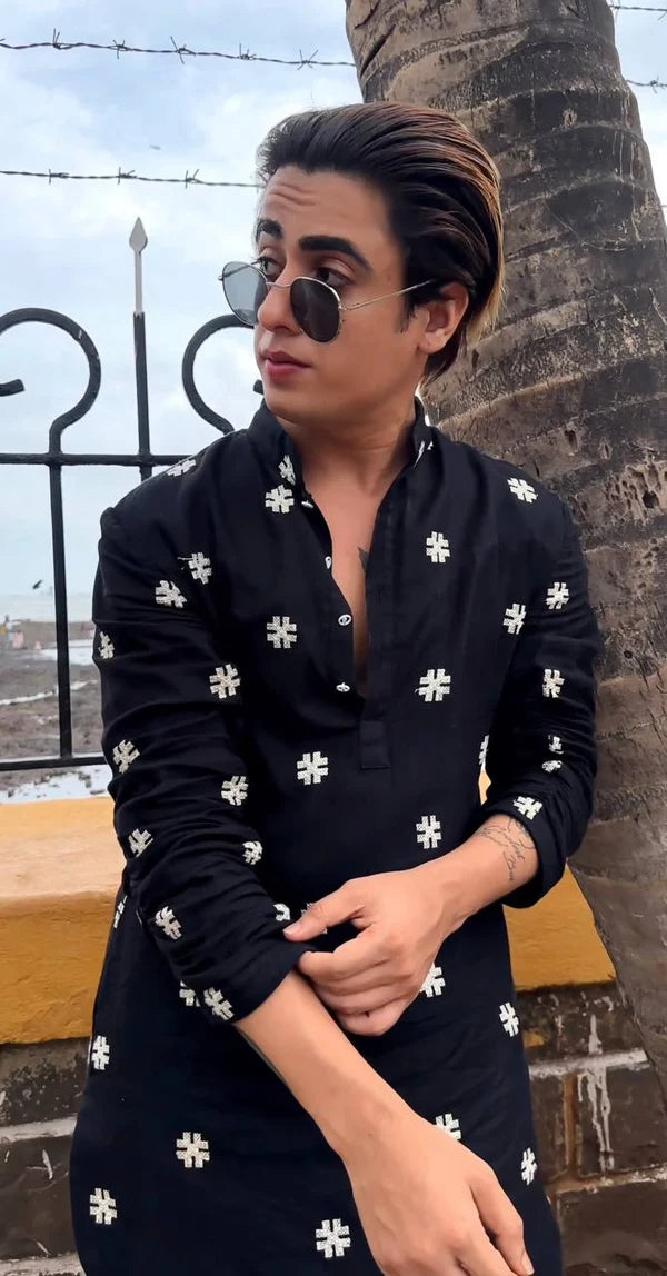 BLACK ### SEQUENCE WORK EMBROIDERED KURTA WITH PAJAMA
