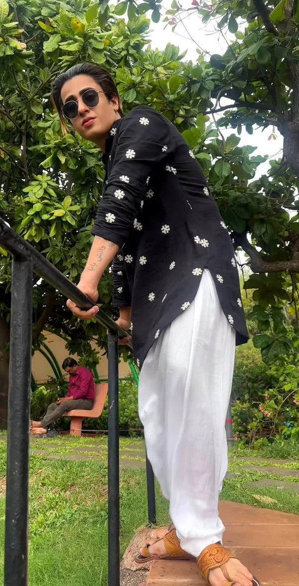 BLACK ### SEQUENCE WORK EMBROIDERED KURTA WITH PAJAMA