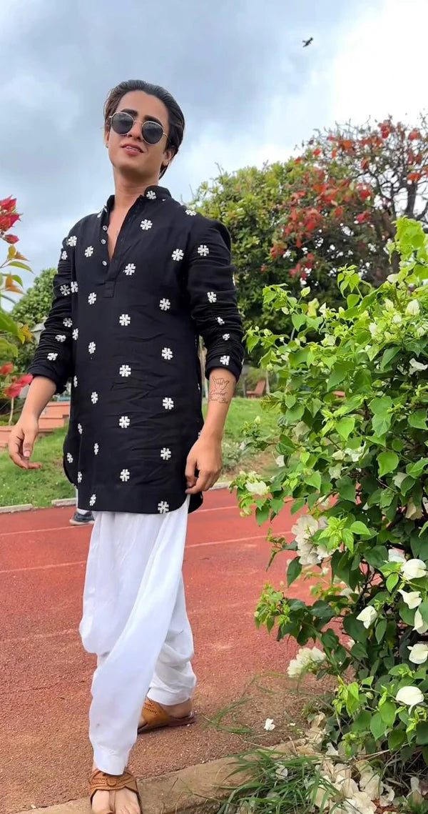 BLACK ### SEQUENCE WORK EMBROIDERED KURTA WITH PAJAMA