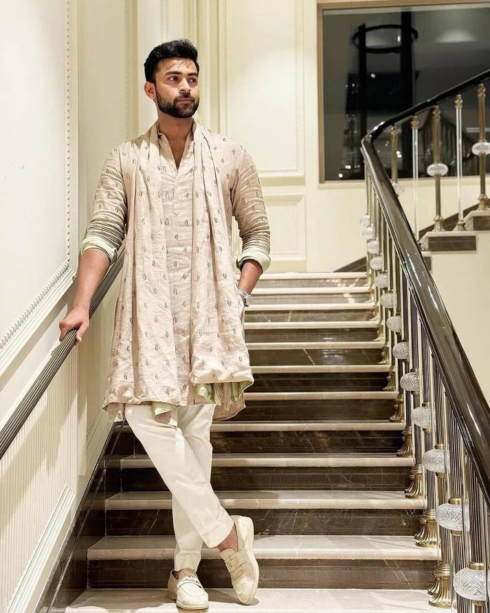 CREAM MOTIF EMBROIDERED WORK KURTA, PAJAMA AND DUPATTA SET FOR MEN'S