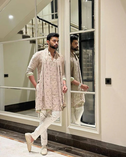 CREAM  MOTIF EMBROIDERED WORK KURTA, PAJAMA AND DUPATTA SET FOR MEN'S