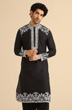 Black Neck White Cotton Embroidered Work Men's Kurta with Pajama