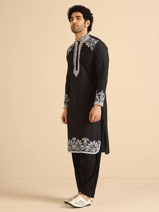 Black Neck White Cotton Embroidered Work Men's Kurta with Pajama