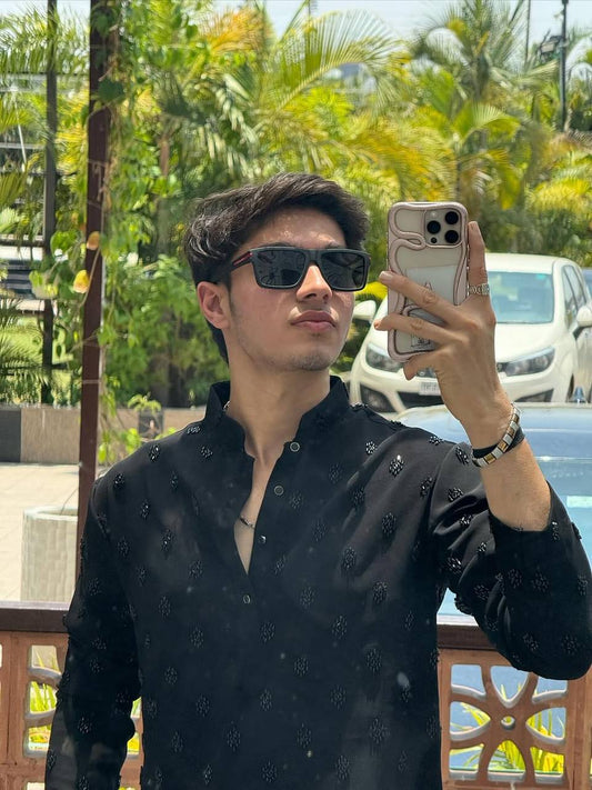 BLACK HEND WORK MOTIF EMBROIDERED KURTA WITH BLACK PAJAMA