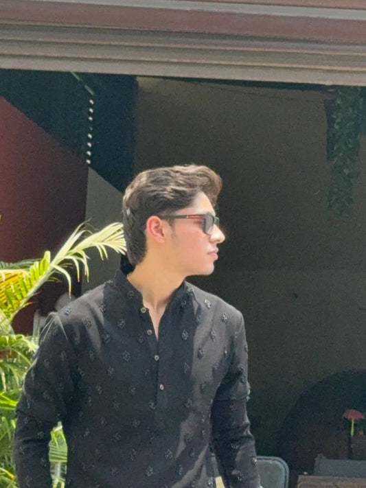 BLACK HEND WORK MOTIF EMBROIDERED KURTA WITH BLACK PAJAMA