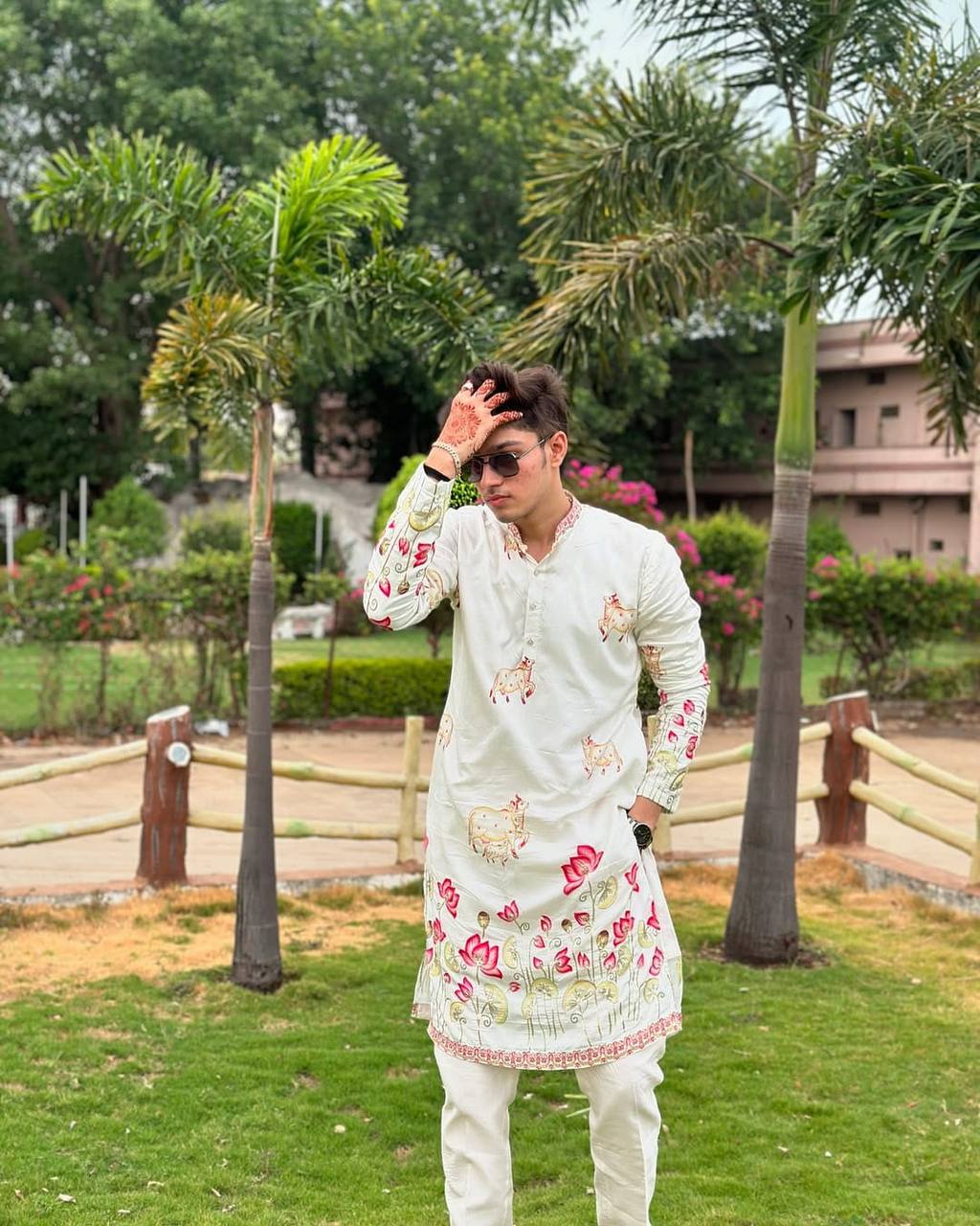 WHITE COW WITH LOTUS PRINTED KURTA SET
