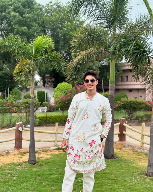 WHITE COW WITH LOTUS PRINTED KURTA SET