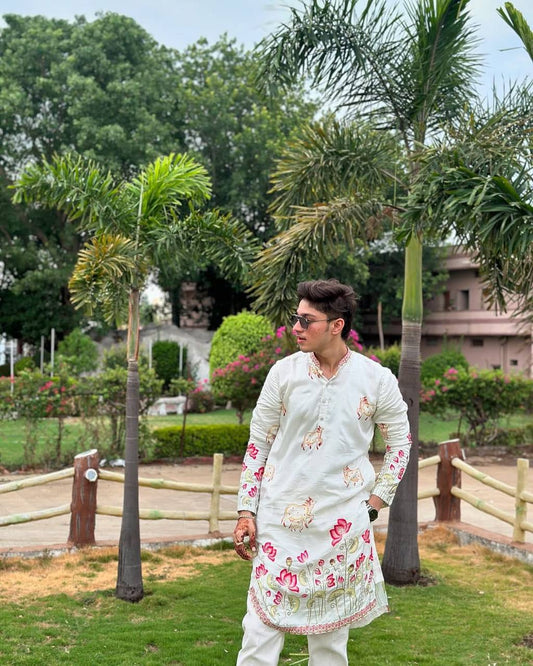 WHITE COW WITH LOTUS PRINTED KURTA SET