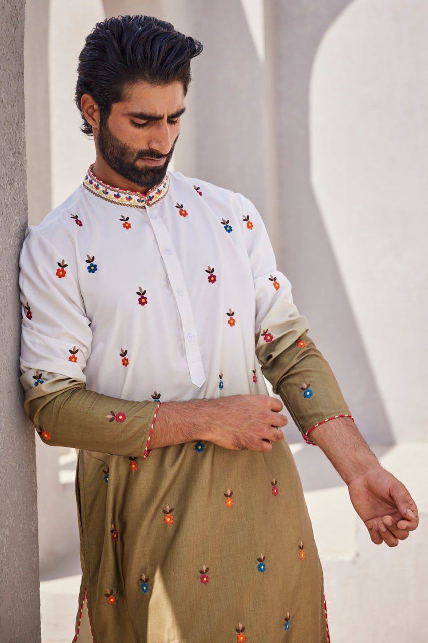 OLIVE GREEN SILK EMBROIDERY KURTA PAJAMA SET