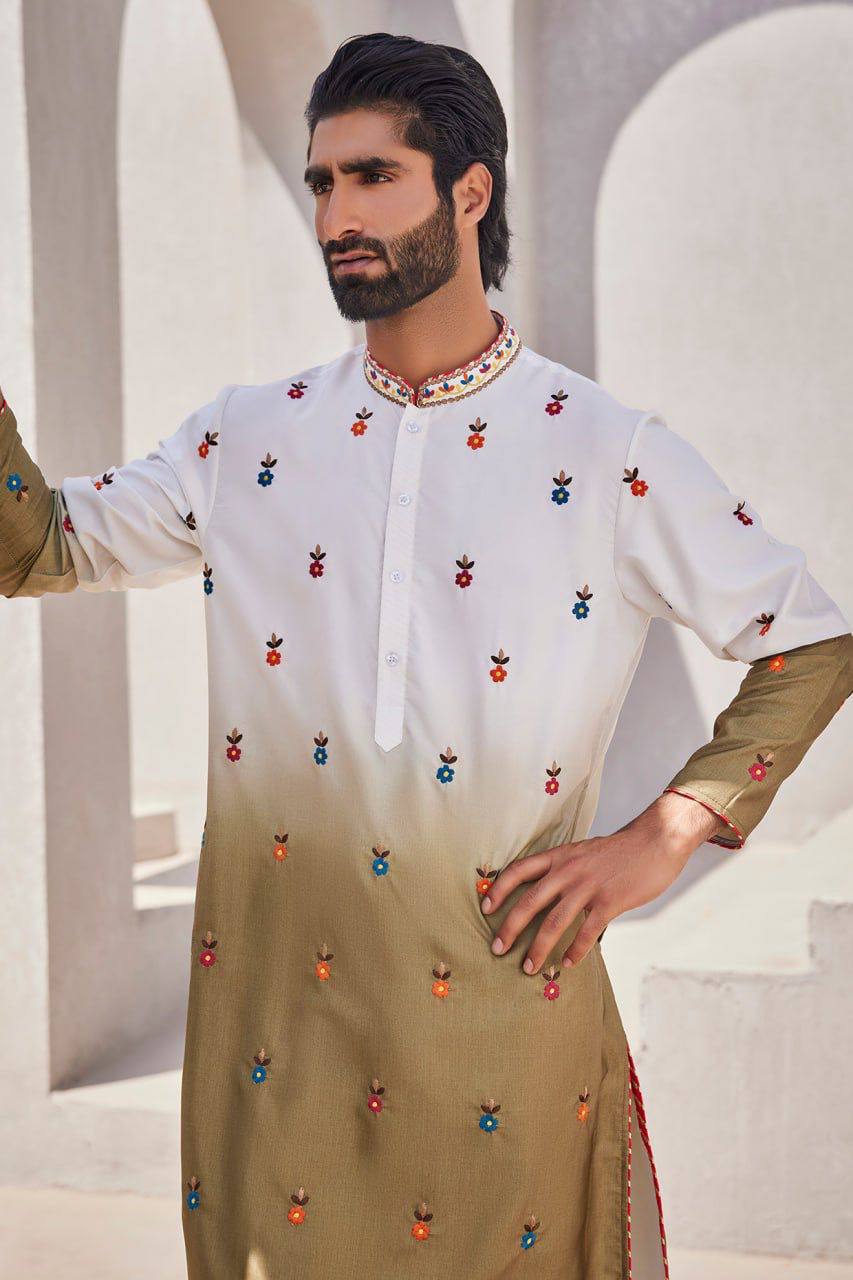 OLIVE GREEN SILK EMBROIDERY KURTA PAJAMA SET