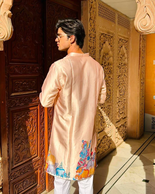LIGHT BEIGE KRISHNA WITH COW PRINT KURTA PAJAMA
