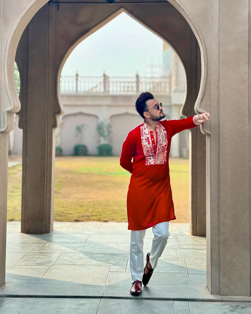 RED NECK EMBROIDERED WORK KURTA PAJAMA SET