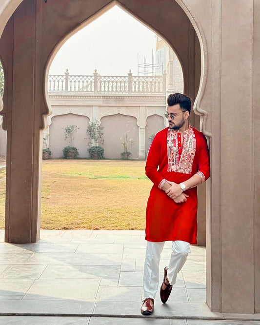 RED NECK EMBROIDERED WORK KURTA PAJAMA SET