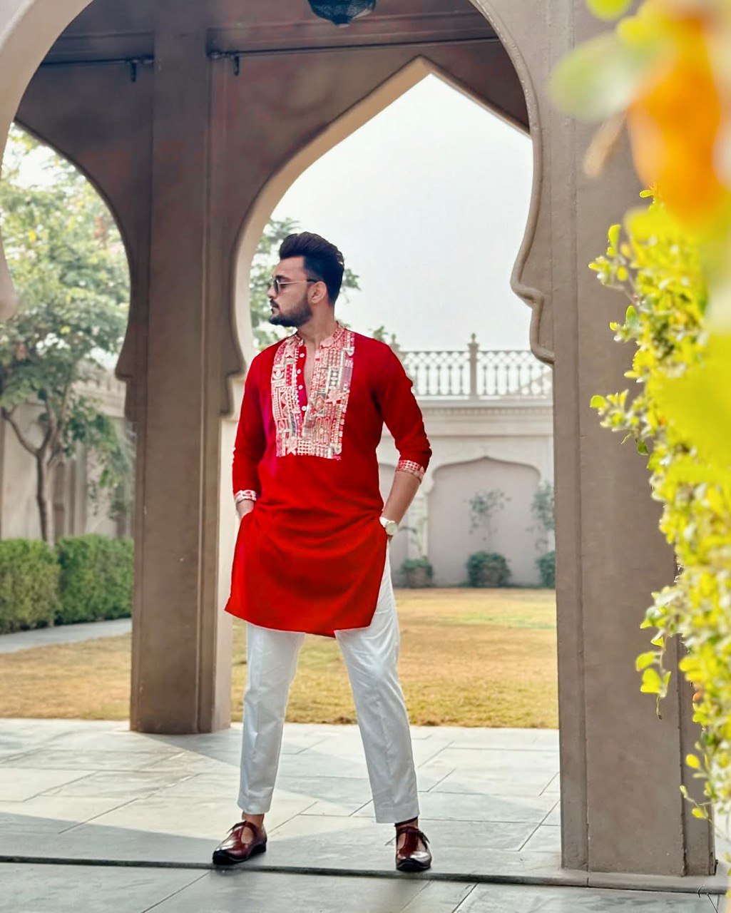 RED NECK EMBROIDERED WORK KURTA PAJAMA SET