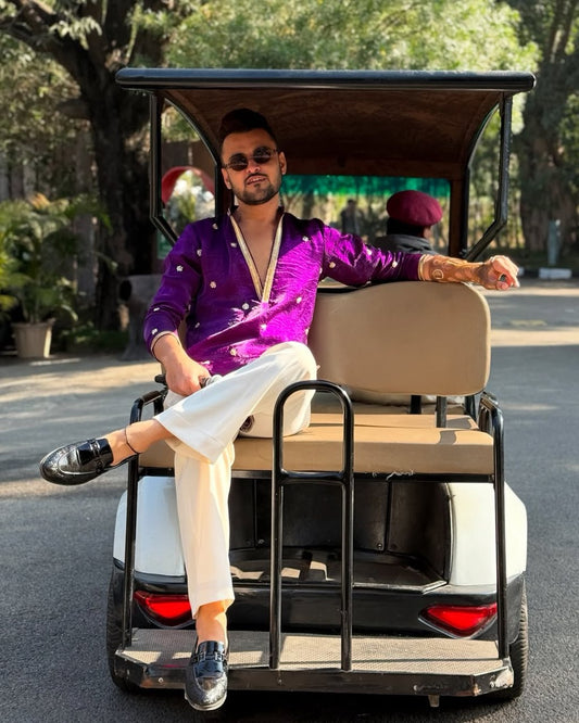 DARK PURPLE BUTTI WORK KURTA PAJAMA SET FOR MEN"S