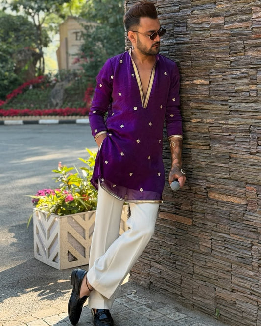 DARK PURPLE BUTTI WORK KURTA PAJAMA SET FOR MEN"S