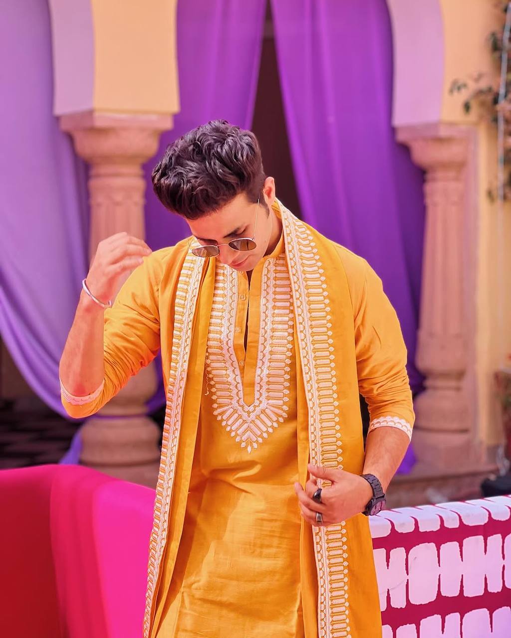 MUSTED YELLOW NECK AND BUTTI WORK KURTA PAJAMA AND DUPATA SET