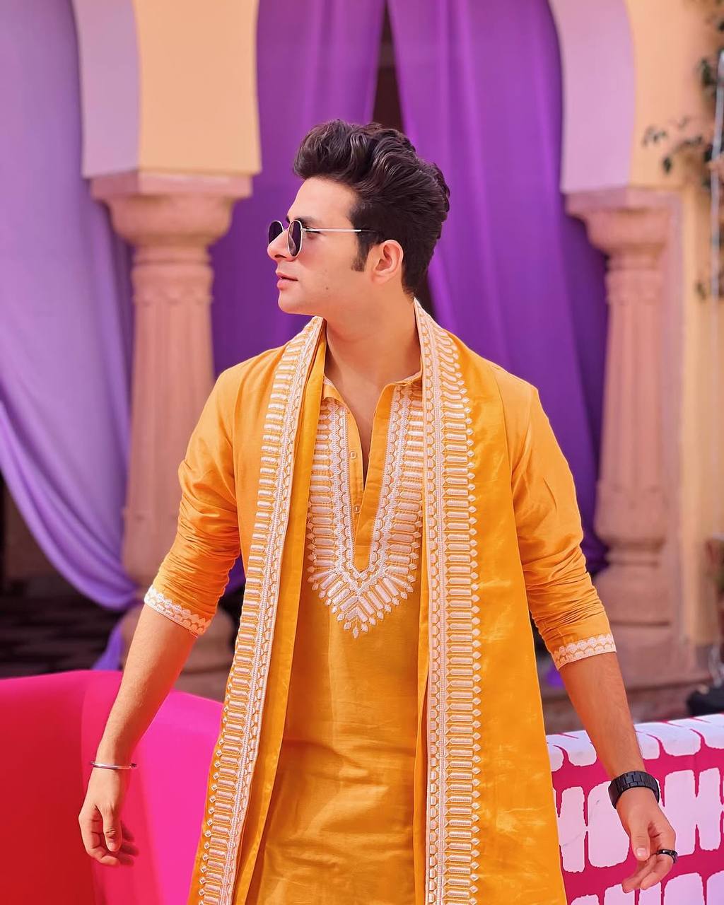 MUSTED YELLOW NECK AND BUTTI WORK KURTA PAJAMA AND DUPATA SET
