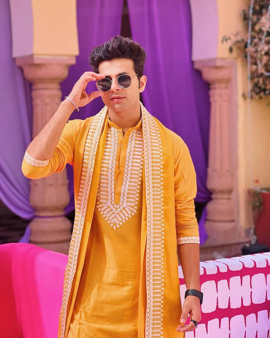 MUSTED YELLOW NECK AND BUTTI WORK KURTA  PAJAMA AND  DUPATA SET