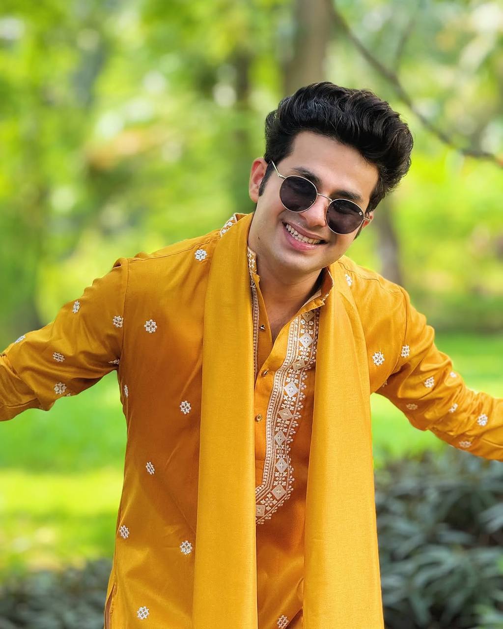 MUSTED YELLOW NECK AND BUTTI WORK KURTA PAJAMA AND DUPATA SET