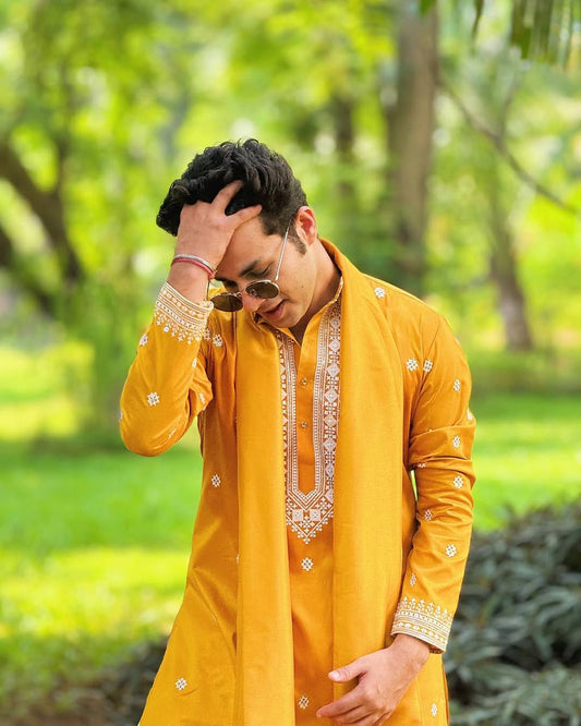 MUSTED YELLOW NECK AND BUTTI WORK KURTA  PAJAMA AND  DUPATA SET