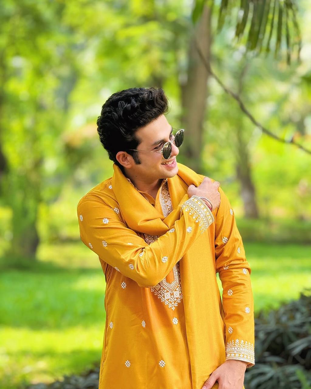 MUSTED YELLOW NECK AND BUTTI WORK KURTA PAJAMA AND DUPATA SET