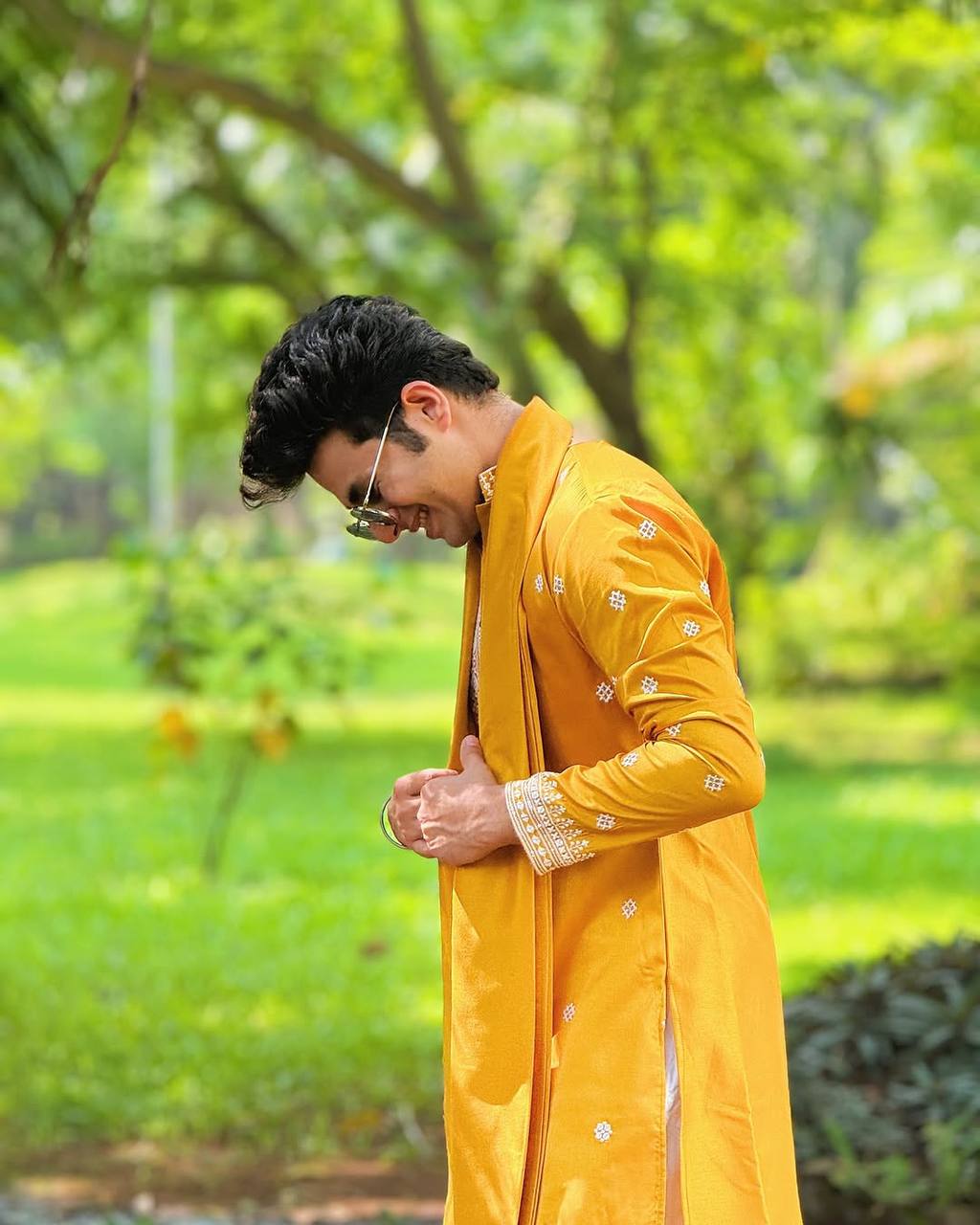 MUSTED YELLOW NECK AND BUTTI WORK KURTA PAJAMA AND DUPATA SET