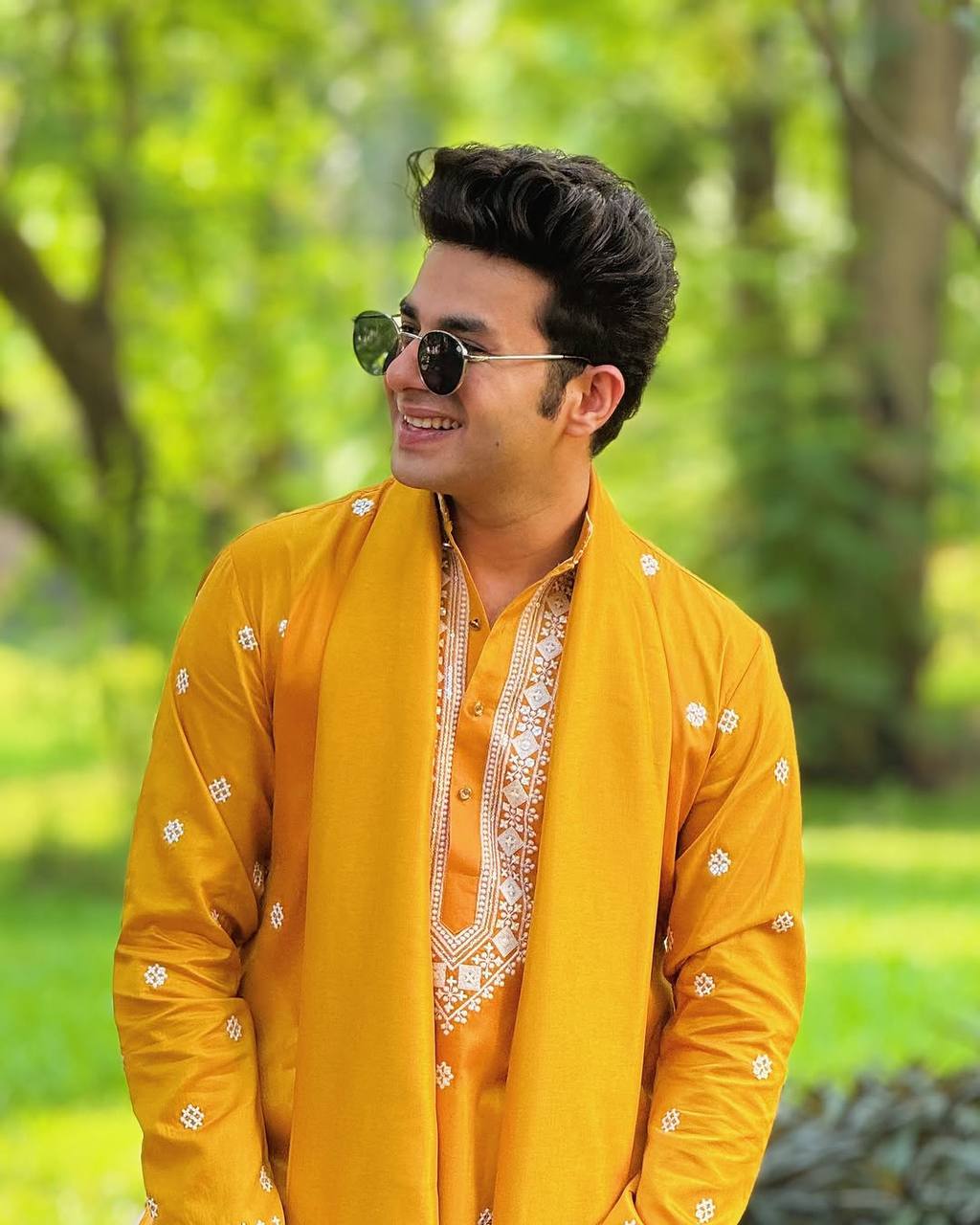 MUSTED YELLOW NECK AND BUTTI WORK KURTA PAJAMA AND DUPATA SET