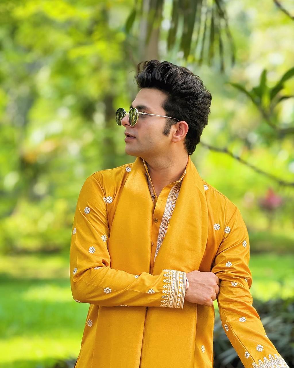 MUSTED YELLOW NECK AND BUTTI WORK KURTA PAJAMA AND DUPATA SET