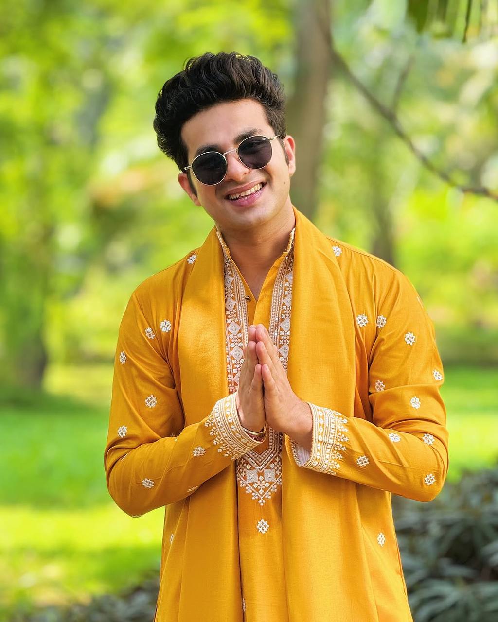 MUSTED YELLOW NECK AND BUTTI WORK KURTA PAJAMA AND DUPATA SET