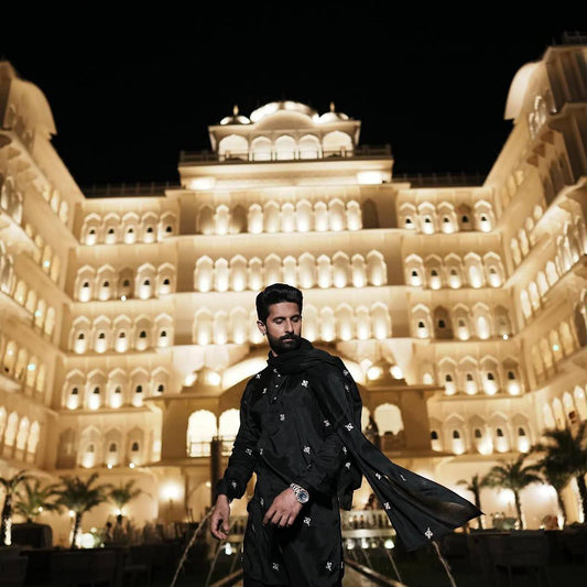 BLACK AND WHITE THERD WORK KURTA  PAJMA AND DUPATTA SET FOR MEN"S